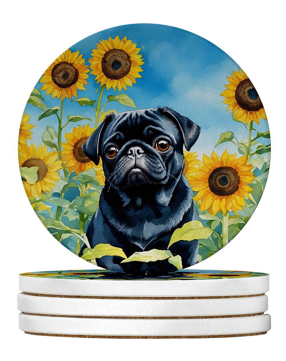 Pug In Sunflowers Large Sandstone Coasters Pack Of 4 Absorbent Round Coasters Decor Gifts For Men Or Women, 4 In, Multicolor_maomaolike.com