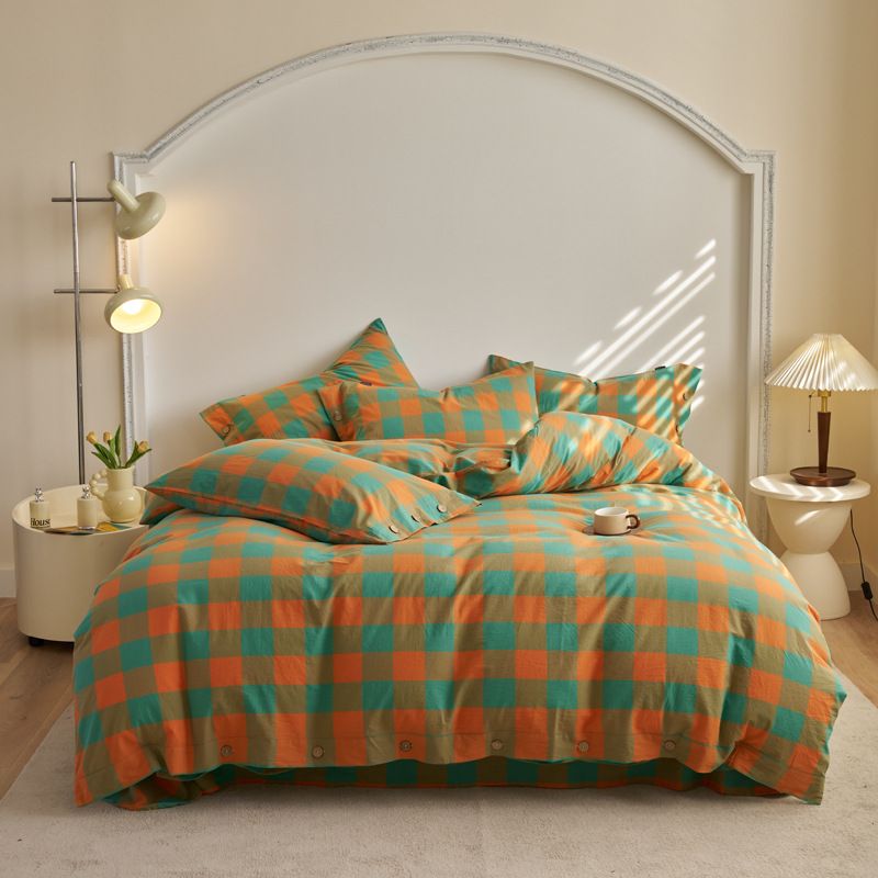 Nordic Style Four-piece Set Of All-cotton Plaid Duvet Cover, Yarn-dyed Washed Double Bed Fitted Sheet, Simple Pure_maomaolike.com