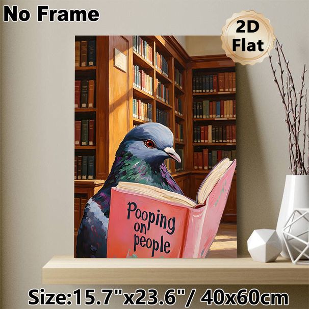 Pigeon Reading Book Painting Poster, Rich-toned Oil Painting Style Poster, Playful Quirky Literary Decor Ideal For Library, Study Room_maomaolike.com