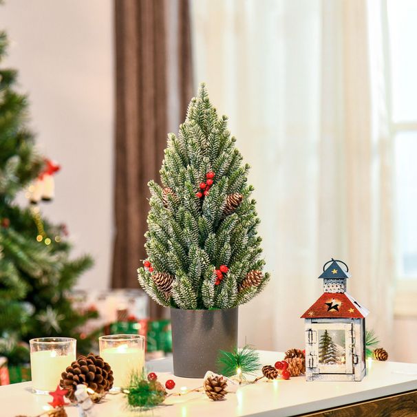 18 Inch Tall Unlit Miniature Snow-Flocked Tabletop Artificial Christmas Tree, Holiday Decoration With Pine Cones And Berries_maomaolike.com
