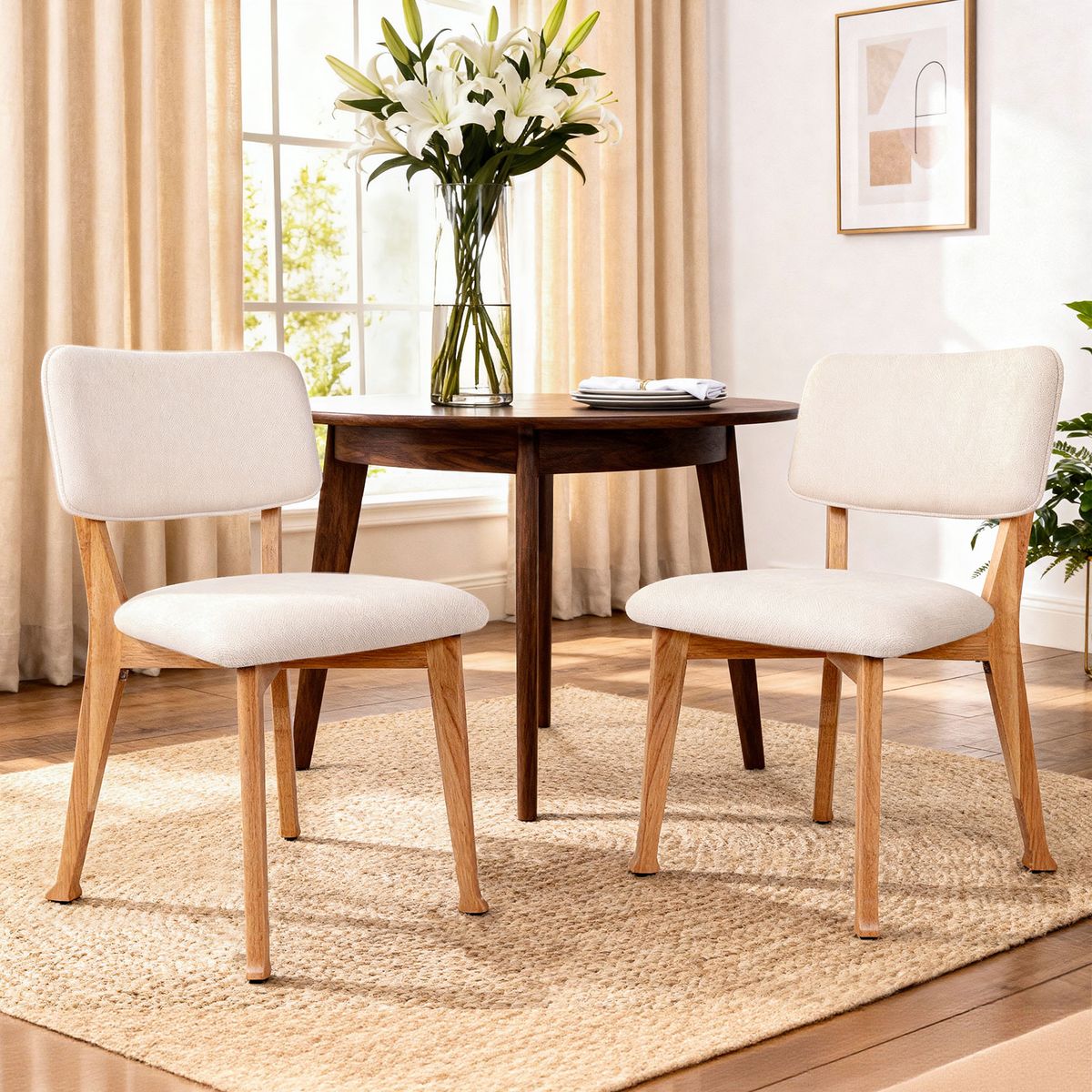 Wooden Dining Chairs Set Of 2, Mid Century Modern Kitchen Chairs With Fabric Upholstered And Curved Backrest For Dining Room Restaurant Or Cafe 300LBS Capacity, Natural_maomaolike.com