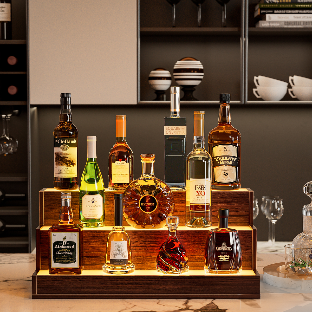LED Lighted Liquor Bottle Display Shelf, 24 Inch Bar Display Shelf, DIY Illuminated Bottle Shelf With App & Remote Control, 3 Step Freestanding Holding Bottles For Home Bar, Party, Walnut_maomaolike.com