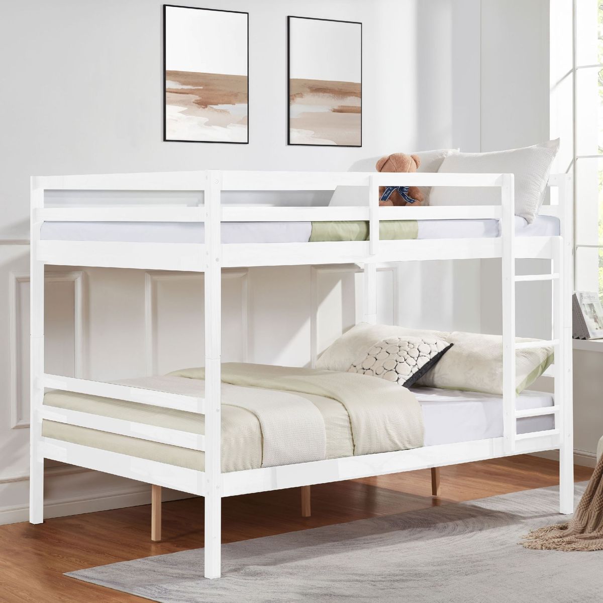 Full Over Full Bunk Bed With Ladder,Wooden Bunk Bed With High Guardrail And Ladder For Kids, Teens, Dorm Rooms, And Guest Rooms,No Box Spring Needed,White_maomaolike.com