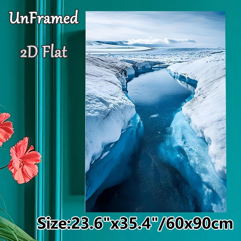 Glacial River Canyon Painting Poster, Serene Cool-toned Icy Canyon With Tranquil Blue Water Poster, Calming Natural Scenery Ideal For Living Room_maomaolike.com