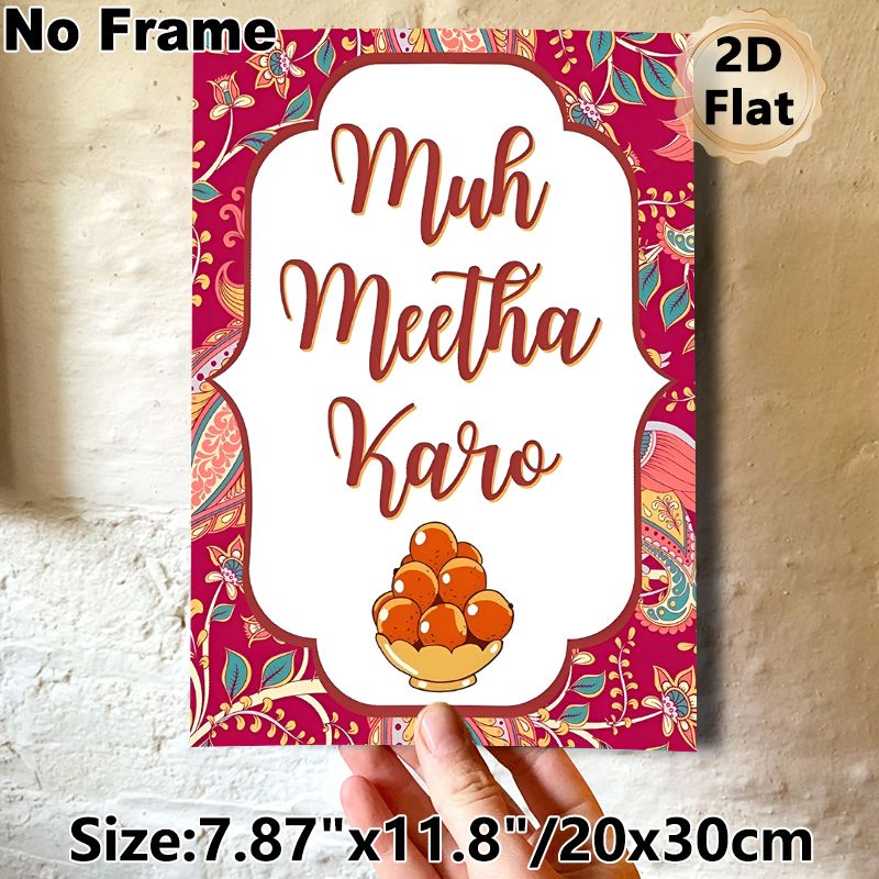 Indian Dessert Themed Painting Poster, Vibrant Traditional Indian Floral Pattern Poster, Cultural Festive Design With "Muh Meetha Karo" Script & Gulab_maomaolike.com