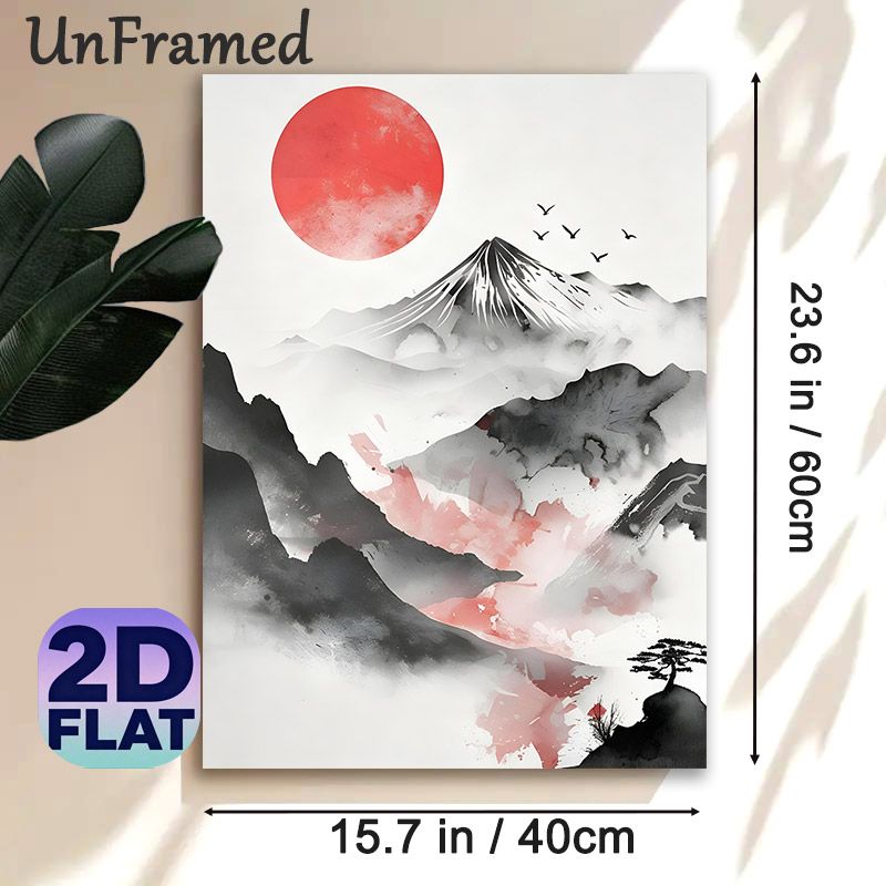 Mount Fuji Themed Ink Style Painting Poster, Serene Minimalist Ink Wash Landscape With Red Sun & Flying Birds Poster, Calming Artistic Decor Suitable_maomaolike.com