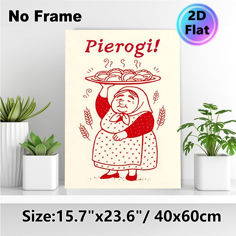 Pierogi Themed Painting Poster, Vintage Red Line Art Poster, Warm Homely Design Featuring Cheerful Lady With Steaming Pierogi Platter, Ideal For_maomaolike.com