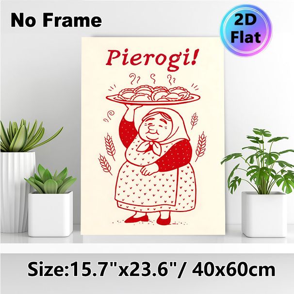 Pierogi Themed Painting Poster, Vintage Red Line Art Poster, Warm Homely Design Featuring Cheerful Lady With Steaming Pierogi Platter, Ideal For_maomaolike.com