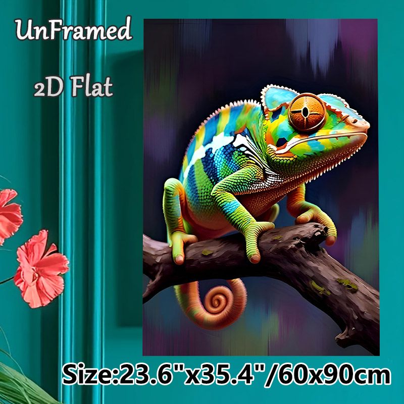 Chameleon Themed Painting Poster, Vibrant Realistic Colorful Chameleon Perched On Branch Poster, Eye-catching Artistic Decor Ideal For Living Room_maomaolike.com