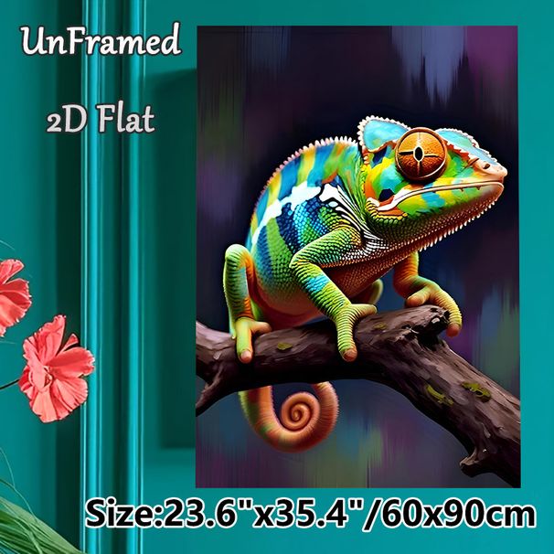 Chameleon Themed Painting Poster, Vibrant Realistic Colorful Chameleon Perched On Branch Poster, Eye-catching Artistic Decor Ideal For Living Room_maomaolike.com