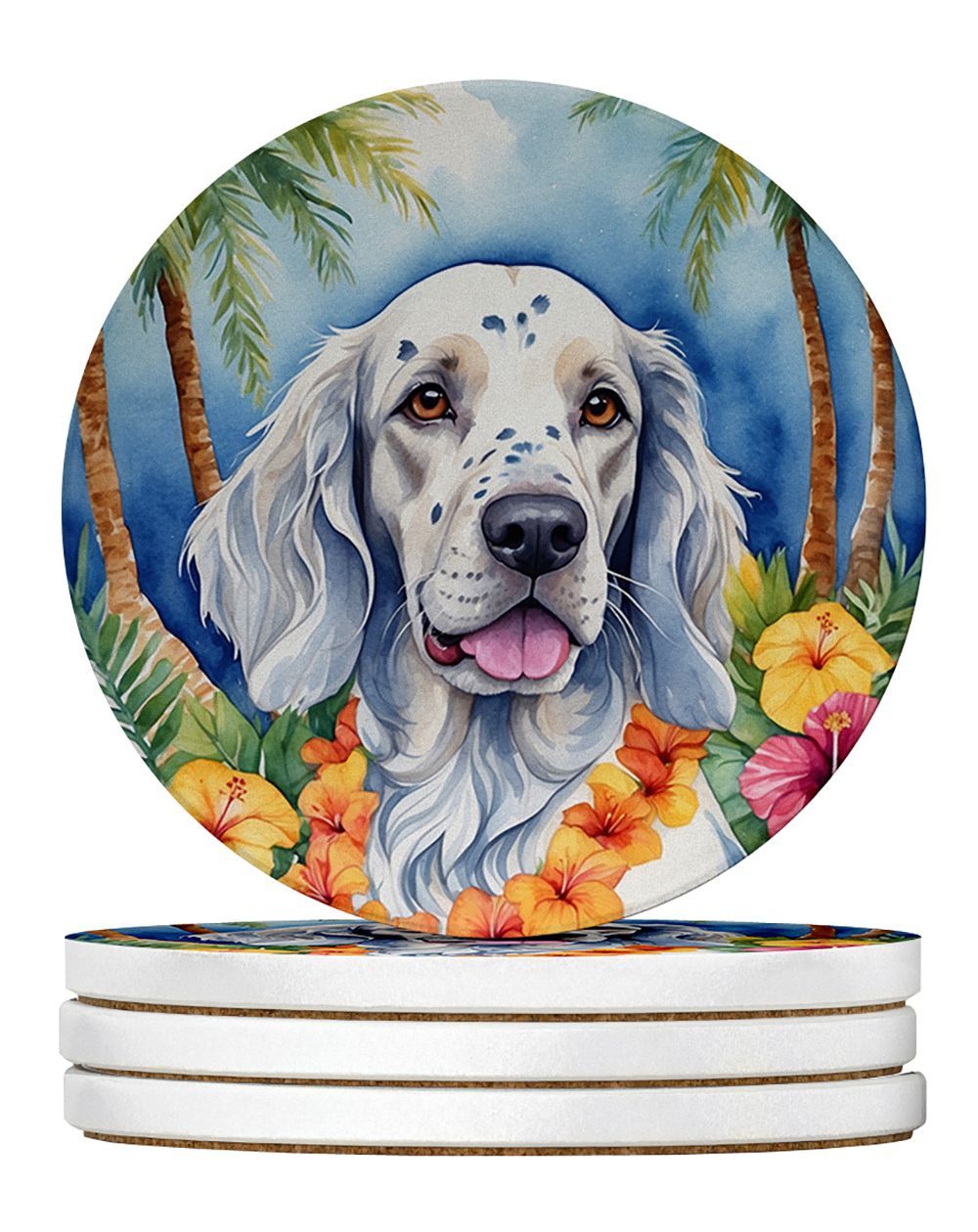 English Setter Luau Large Sandstone Coasters Pack Of 4 Absorbent Round Coasters Decor Gifts For Men Or Women, 4 In, Multicolor_maomaolike.com