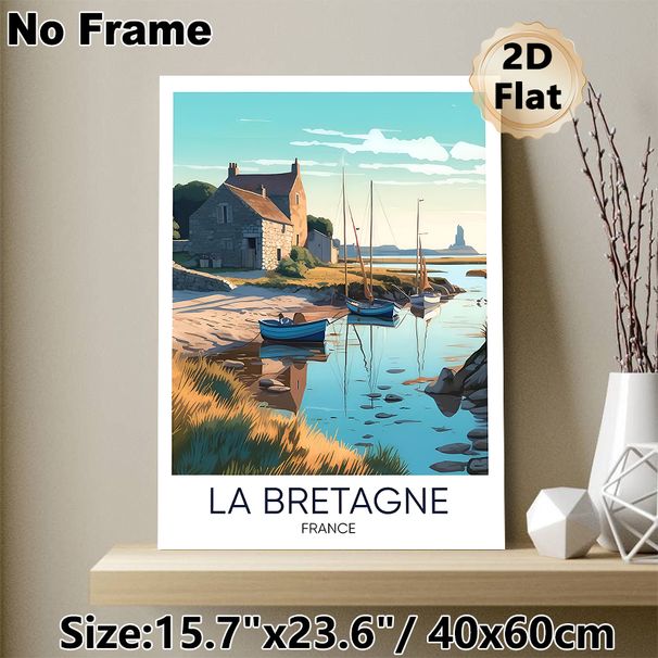 Brittany France Coastal Village Painting Poster, Warm-toned Stylized Illustration Poster, Serene Harbor Scene With Boats & Stone Cottages, Peaceful_maomaolike.com