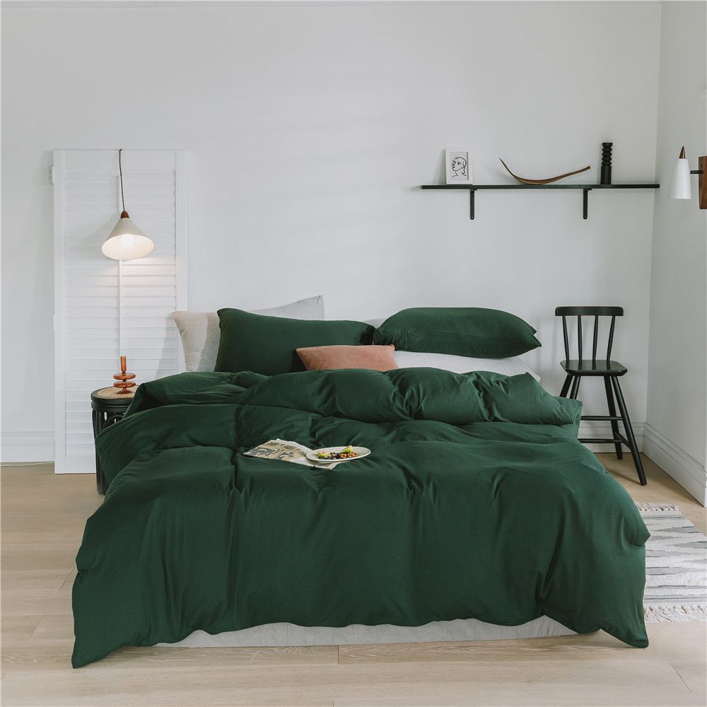 INS Japanese Style Solid Knitted Four-Piece Set Skin-Friendly Naked Sleep Plain Color Double Stitched Jersey Cotton Sheet Bed Skir_maomaolike.com