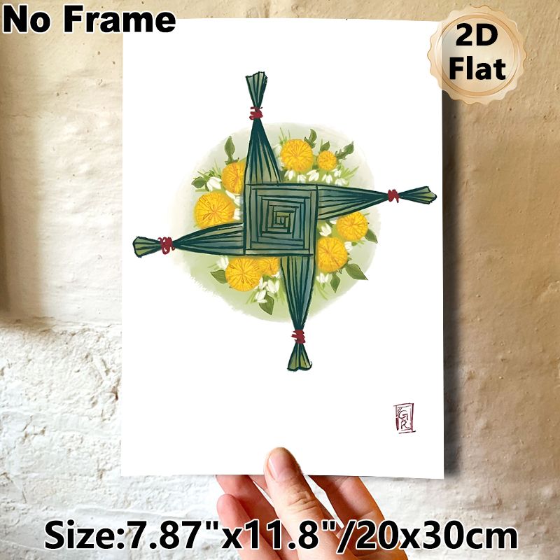 Brigid's Cross Floral Painting Poster, Soft Watercolor Style Poster, Delicate Woven Green Cross With Yellow And White Blooms, Suitable For Home Wall_maomaolike.com