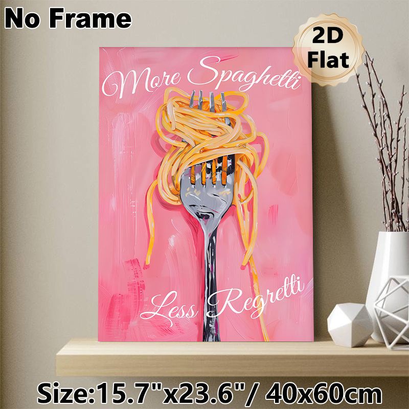 Spaghetti Fork Themed Painting Poster, Vibrant Brushstroke-style Whimsical Pasta-wrapped Fork Poster, Playful Food Decor With "More Spaghetti Less_maomaolike.com