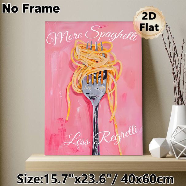 Spaghetti Fork Themed Painting Poster, Vibrant Brushstroke-style Whimsical Pasta-wrapped Fork Poster, Playful Food Decor With "More Spaghetti Less_maomaolike.com