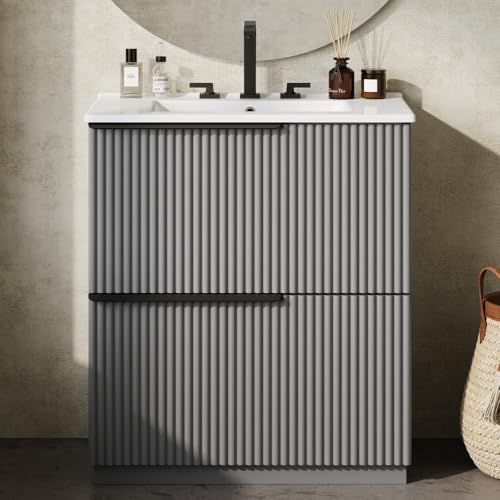 CREASION 30" White Freestanding Bathroom Vanity With Ceramic Sink, Full-Extension Soft Close Drawers, Fluted Design_maomaolike.com
