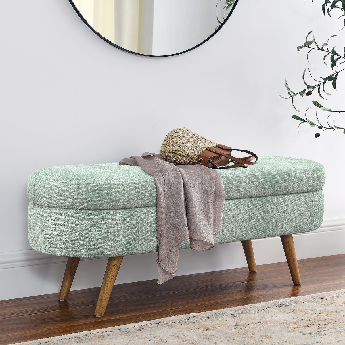 Ottoman Oval Storage Bench,Rubber Wood Legs, Gray (43.5"x16"x16") Cyan_maomaolike.com