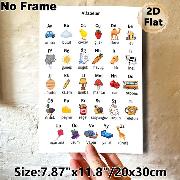 Turkish Alphabet Educational Painting Poster, Vibrant Cartoon Illustrated Poster, Assists With Turkish Letter And Vocabulary Learning, Suitable For_maomaolike.com