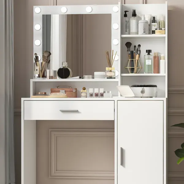 Vanity Desk With Mirror & Light, Large Drawer Three Level Storage Dresser, 3 Lighting Modes Adjustable Brightness, Bedroom Dressing Table(white)_maomaolike.com