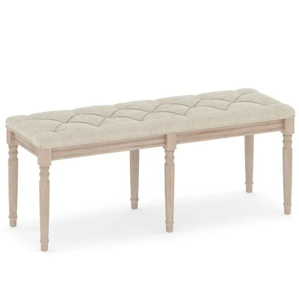 Beige 47.5" Rubber Wood Upholstered Bench With Button-Tufted Seat, 440 Lbs Capacity Retro Entryway Bedroom Bench_maomaolike.com