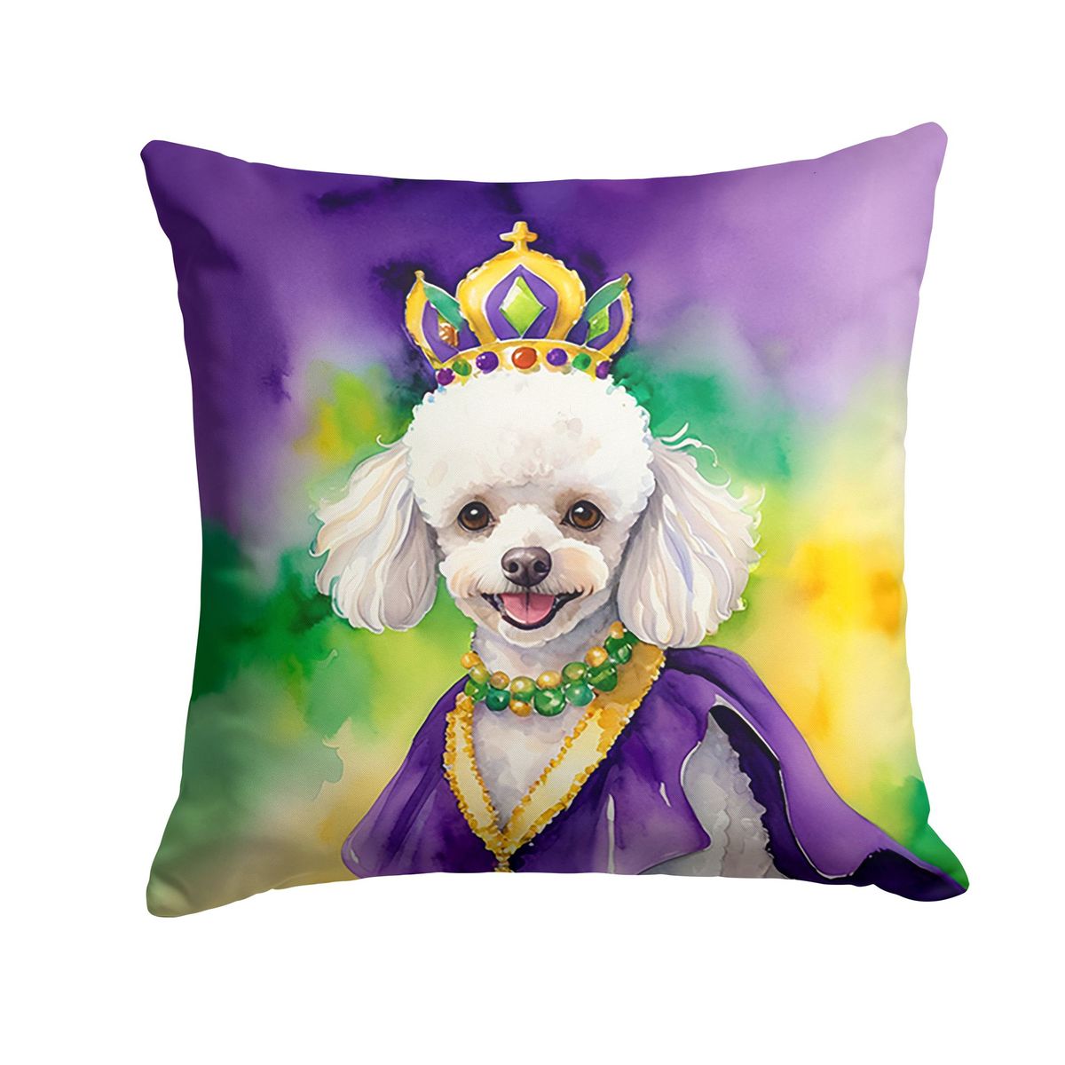 White Poodle King Of Mardi Gras Throw Pillow Machine Washable, Indoor Outdoor Decorative Pillow For Couch, Bed Or Patio, 14Hx14W_maomaolike.com