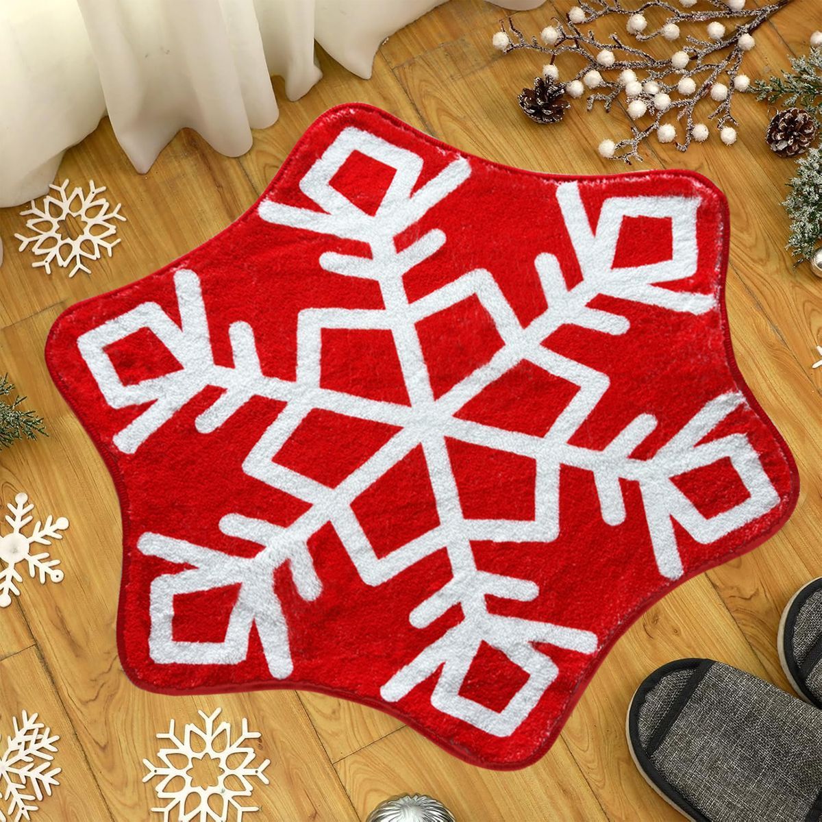 Winter Christmas Snowflake Bathroom Rug Snowflake Bath Mat Non Slip Washable Rugs Welcome Decorative Red Snowflake Doormat For Home Kitchen Xmas Decor Holiday Decorations_maomaolike.com