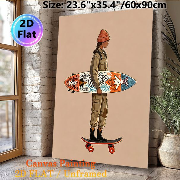 Skateboarding & Surfing Themed Painting Poster, Vibrant Cartoon Style Poster, Trendy Urban Design With Figure Holding Graffiti Surfboard On_maomaolike.com