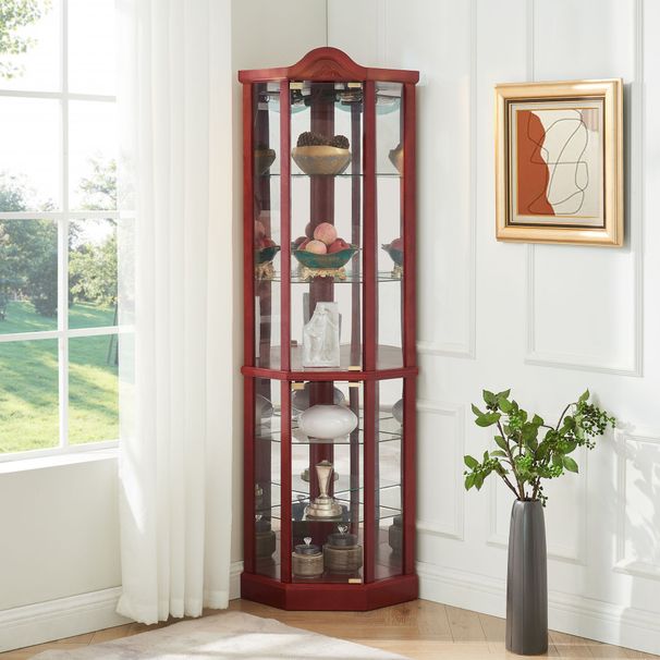 Glass Cabinet Lighted Corner Cabinet Corner Display Curio Cabinet, Glass Display With Light(Included)Bar Cabinet,Wine Cabinet With Adjustable Glass Shelves Carved Decoration Cherry Light(Included)_maomaolike.com