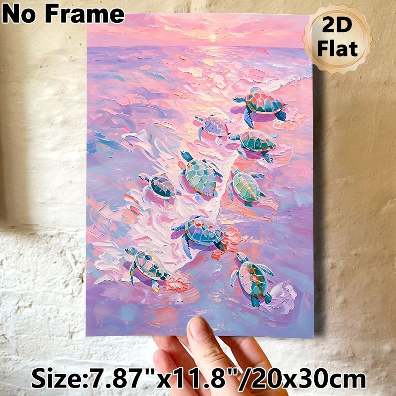 Sea Turtle Themed Painting Poster, Pastel Impasto Style Sunset Ocean Poster, Vibrant Textured Marine Art, Ideal For Bedroom, Living Room_maomaolike.com