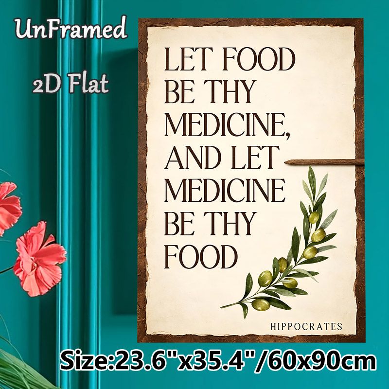 Food & Medicine Quote Painting Poster, Vintage Rustic Style Poster With Olive Branch And Classic Saying, Inspirational Wall Decor For Kitchen, Dining_maomaolike.com