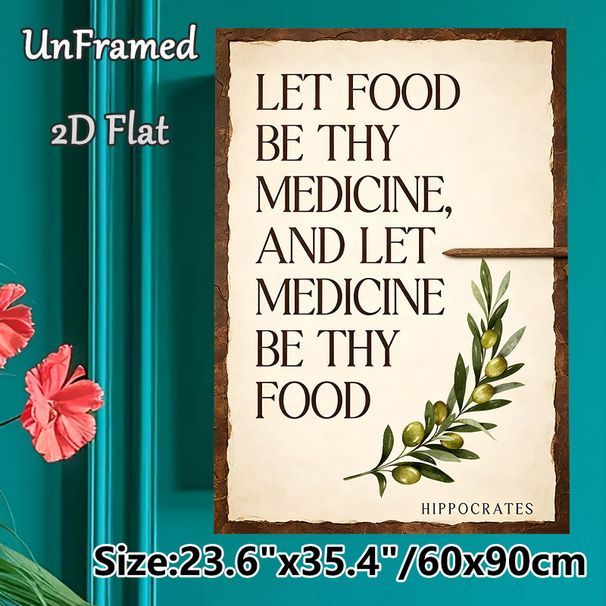 Food & Medicine Quote Painting Poster, Vintage Rustic Style Poster With Olive Branch And Classic Saying, Inspirational Wall Decor For Kitchen, Dining_maomaolike.com