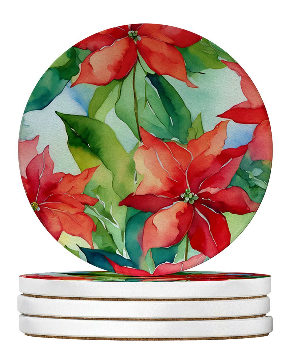 Poinsettias In Watercolor Large Sandstone Coasters Pack Of 4 Absorbent Round Coasters Decor Gifts For Men Or Women, 4 In, Multicolor_maomaolike.com