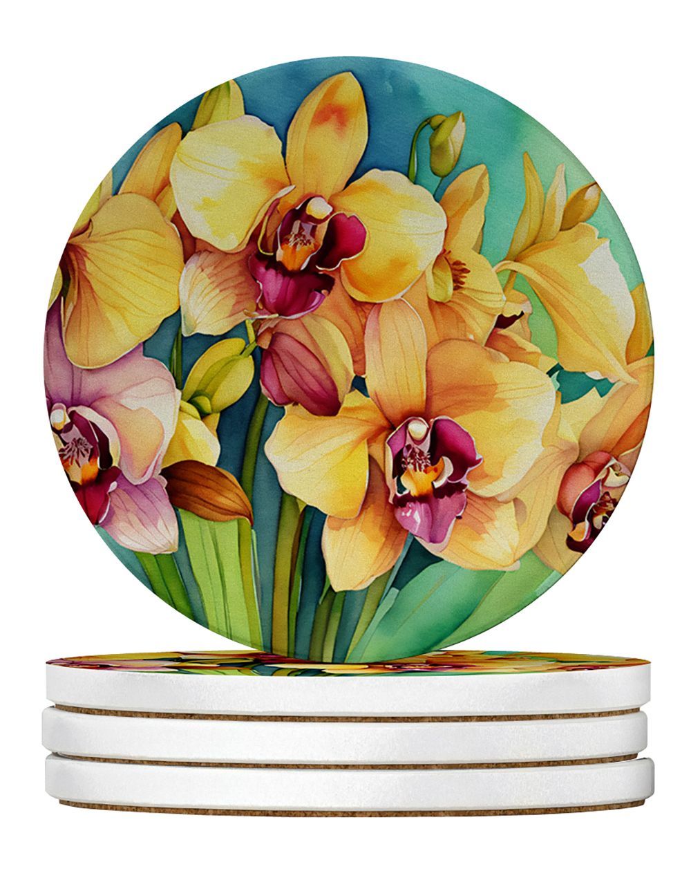 Orchids In Watercolor Large Sandstone Coasters Pack Of 4 Absorbent Round Coasters Decor Gifts For Men Or Women, 4 In, Multicolor_maomaolike.com