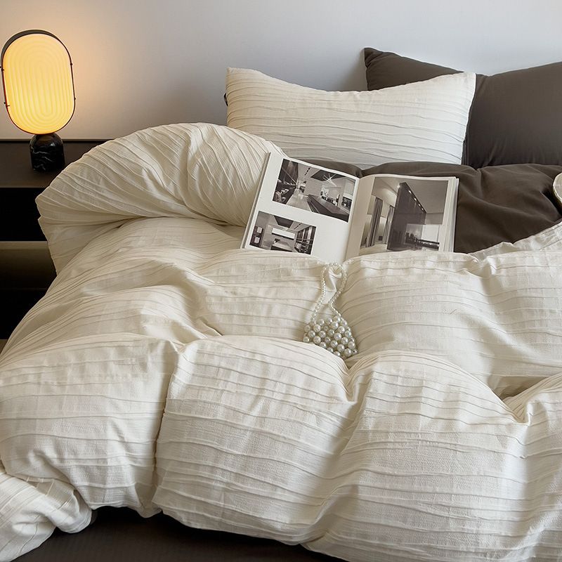 Simple All-cotton Crinkled Fabric Four-piece Pure Cotton Duvet Cover, Three-piece Bed Sheet Set, Fitted Sheet, Light_maomaolike.com