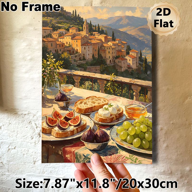 Mediterranean Village & Gourmet Brunch Painting Poster, Warm-toned Impressionist-style Poster, Inviting Sunlit Hillside Village With Delicious Food_maomaolike.com