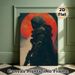 Cyberpunk Hooded Warrior Painting Poster, Dark Moody Textured Cyberpunk Poster, Striking Armored Figure With Weapon Against Fiery Red Circle, Ideal_maomaolike.com