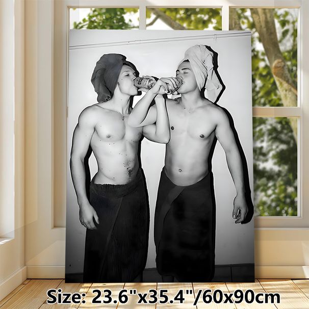 Casual Male Lifestyle Painting Poster, Monochrome Relaxed Men With Towels Drinking Cans Poster, Stylish Laid-back Decor For Bedroom, Living Room_maomaolike.com