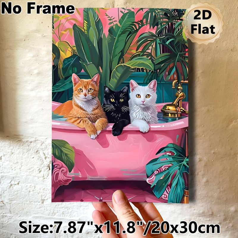 Bath Cats Painting Poster, Vibrant Whimsical Tropical Style Poster, Playful Design With Three Cute Cats In Pink Bathtub Surrounded By Lush Green_maomaolike.com