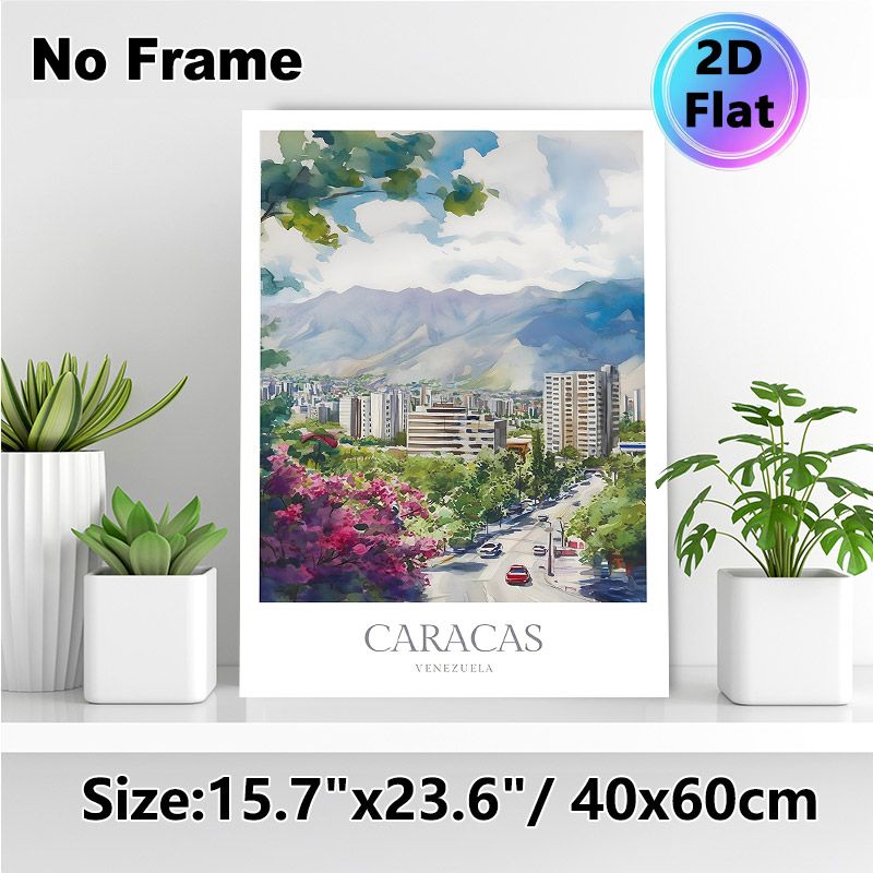 Caracas Cityscape Painting Poster, Soft Watercolor Urban Scene Poster, Features Lush Blooms, City Buildings And Mountain Backdrop, Brings Tranquil_maomaolike.com
