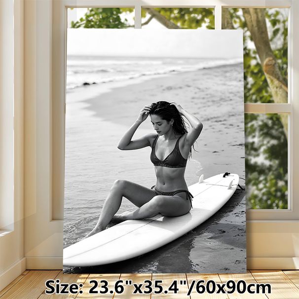 Surfer Girl Beach Painting Poster, Monochrome Minimalist Coastal Scene Poster, Tranquil Beach-inspired Decor, Suitable For Bedroom, Living Room And_maomaolike.com