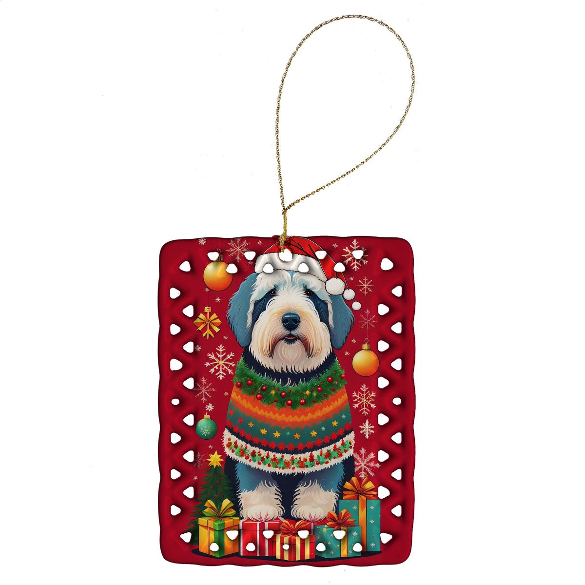 Old English Sheepdog Holiday Christmas Porcelain Ornament Christmas Tree Hanging Decorations For Home Christmas Holiday, Rectangle, Gift, Multicolor_maomaolike.com