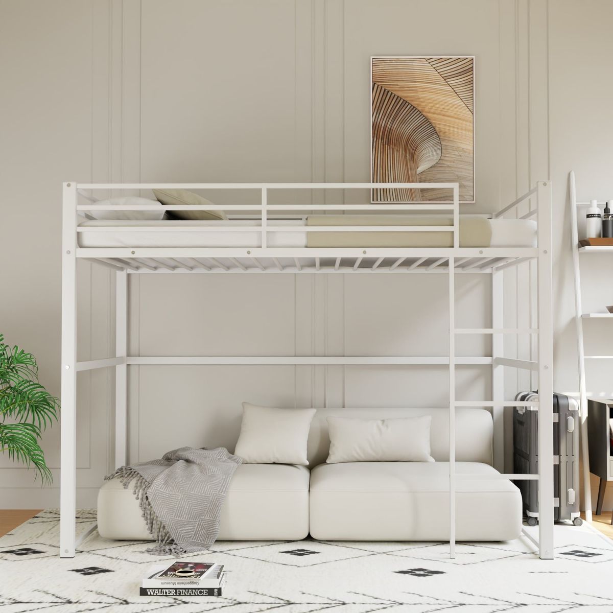 Metal Loft Bed Twin Size, Loft Bed Frame With Safety Guard Rails & Flat Ladder, Twin Loft Bed For Kids Teens Adults, White_maomaolike.com