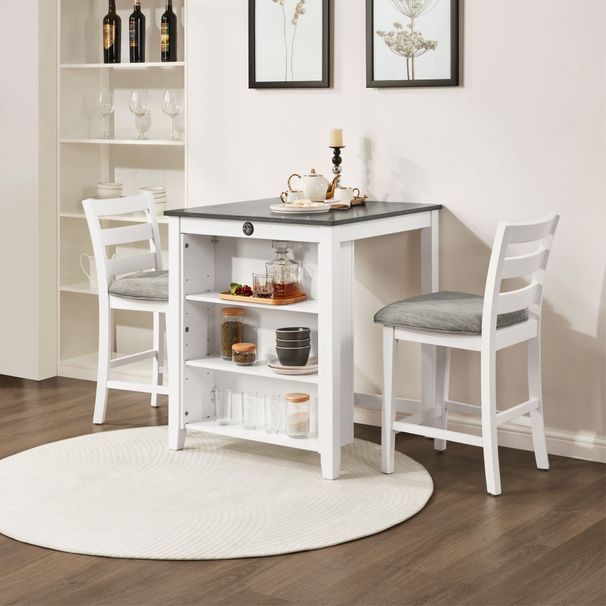30" Modern Dining Table Set For 2 With Charging Station & 3-Tier Adjustable Storage | Space-Saving Kitchen Set With Upholstered Chairs For Small Spaces, Apartment,Off White_maomaolike.com