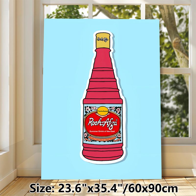 Rooh Afza Beverage Painting Poster, Vibrant Cartoon-style Illustrated Drink Bottle Poster, Nostalgic Cheerful Decor Ideal For Kitchen, Dining Area_maomaolike.com