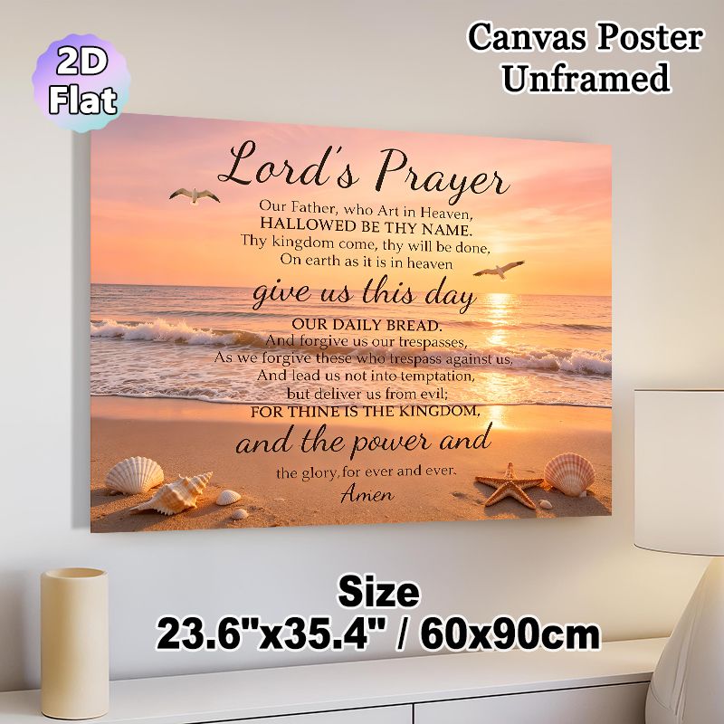 Lord's Prayer Painting Poster, Serene Sunset Beach Scene Poster, Soothing Spiritual Message Decor Ideal For Home, Prayer Room And Living Room_maomaolike.com