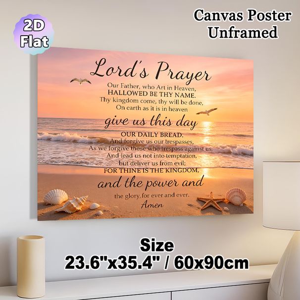 Lord's Prayer Painting Poster, Serene Sunset Beach Scene Poster, Soothing Spiritual Message Decor Ideal For Home, Prayer Room And Living Room_maomaolike.com