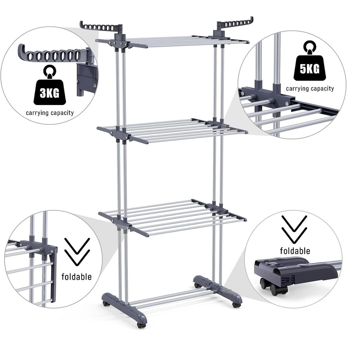 4-Tier Clothes Drying Rack, 67.7-inch Laundry Drying Rack With Foldable Base, 4-Tier Stainless Steel Drying Rack, Movable Laundry Rack For Indoor And Outdoor Use - Gray_maomaolike.com