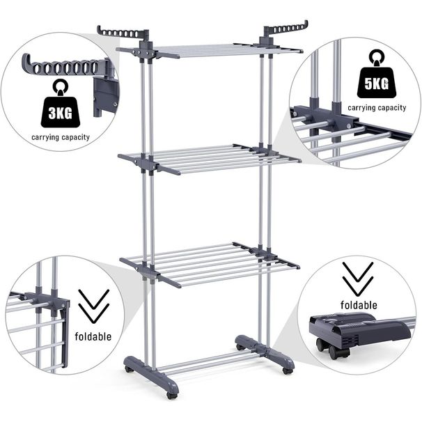 4-Tier Clothes Drying Rack, 67.7-inch Laundry Drying Rack With Foldable Base, 4-Tier Stainless Steel Drying Rack, Movable Laundry Rack For Indoor And Outdoor Use - Gray_maomaolike.com