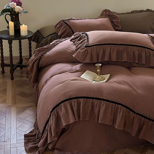 Wholesale INS French Retro Style Soft Solid Color Double Layer Gauze 4-Piece Ruffled Cotton Yarn-Dyed Four-Piece Set_maomaolike.com